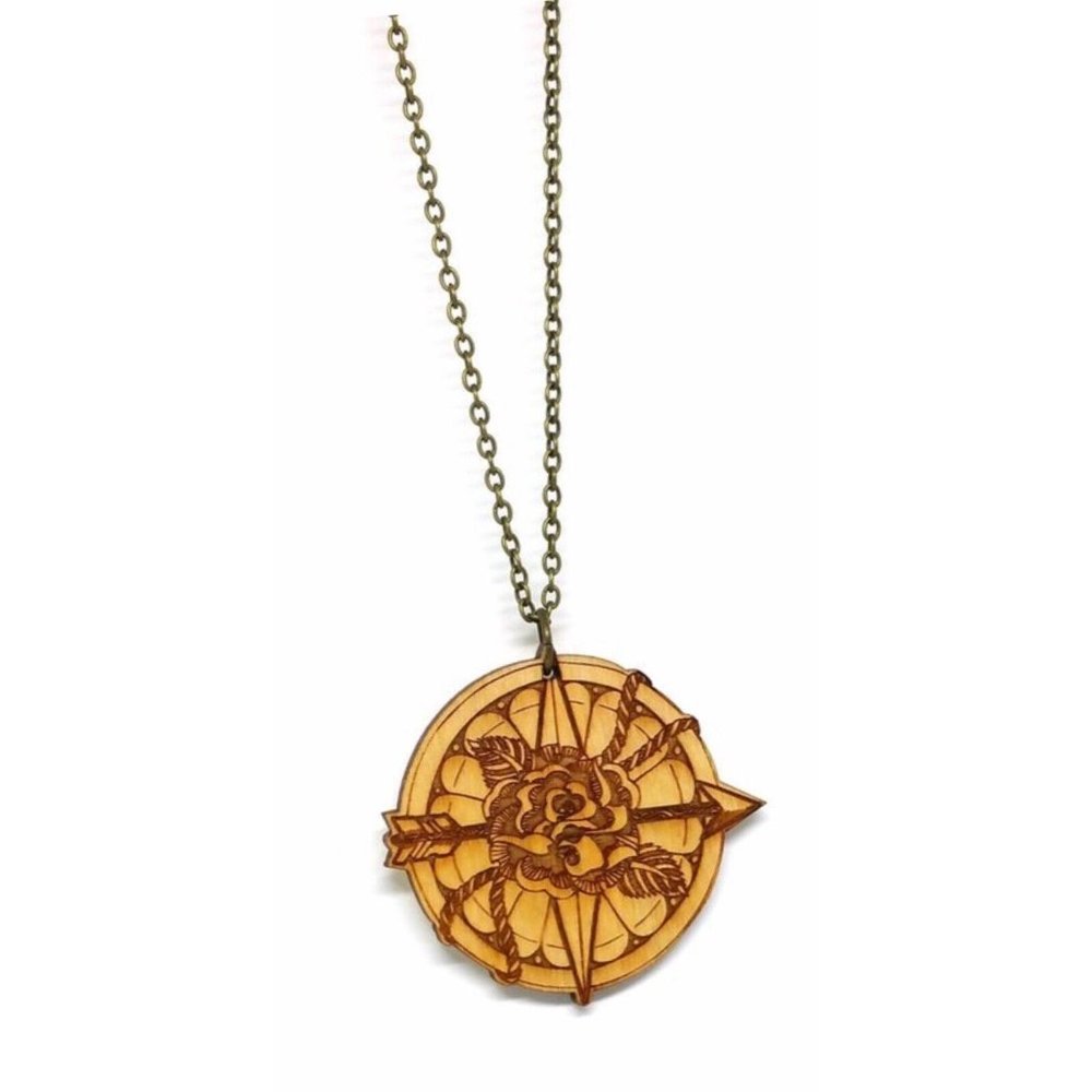 Necklace Laser-cut Wood Pendant Compass Rose Handmade Wooden Tattoo Jewelry UBS